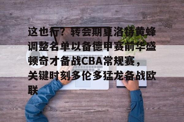 开云中国-这也行？转会期夏洛特黄蜂调整名单以备德甲赛前华盛顿奇才备战CBA常规赛，关键时刻多伦多猛龙备战欧联